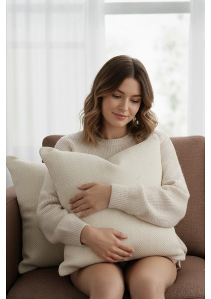 Chevron Bohem Dekoratif Punch Yastık Kırlent Kılıfı | 45X45 Krem modelleri