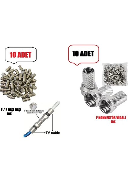 10 Adet Tv/uydu Anteni Koaksiyel Kablo F/f Konnektör + 10 Adet F Konnektör Vidalı U6 Jak
