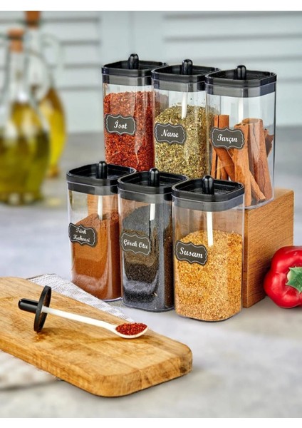6 Adet Kendinden Kaşıklı 300 ml Akrilik Baharatlık Seti - Etiketli Saklama Kabı