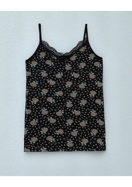 Ip Askılı Dantelli Desenli Atlet -Siyah