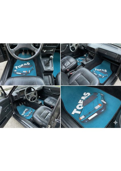 Mavi Araba Figürlü Üniversal Oto Dekor Halı Paspas (4'lü Set)