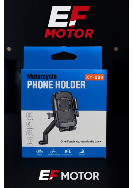 Ef Motor Üniversal Ayna Bağlantılı Motosiklet Telefon Tutucu XY-089 – Tek Tuş Kilitli 360° Döner