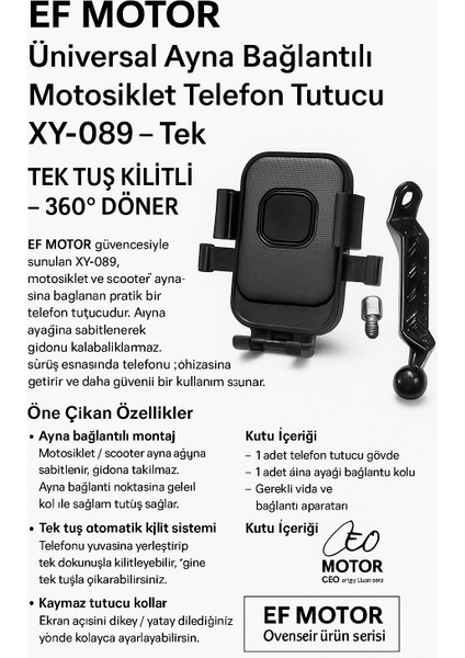 Ef Motor Üniversal Ayna Bağlantılı Motosiklet Telefon Tutucu XY-089 – Tek Tuş Kilitli 360° Döner fırsatları