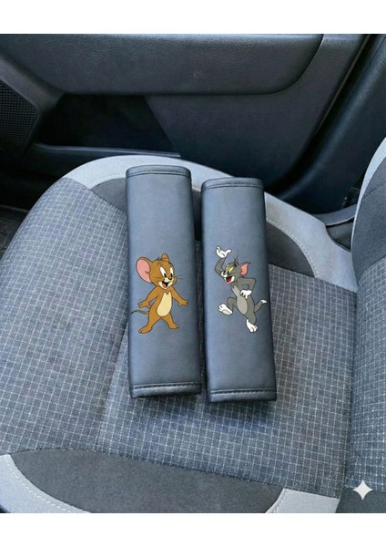Tom ve Jerry Baskılı Siyah Deri Emniyet Kemeri Kılıfı (2'li Set) - Konforlu Omuz Pedi