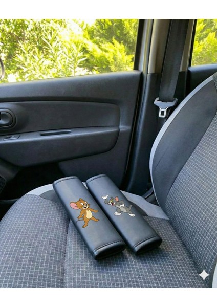 Tom ve Jerry Baskılı Siyah Deri Emniyet Kemeri Kılıfı (2'li Set) - Konforlu Omuz Pedi fırsatları