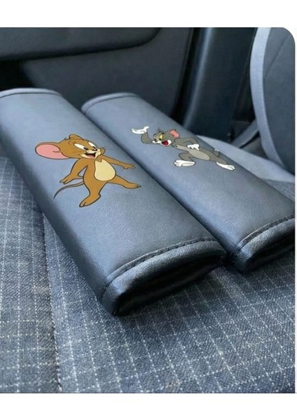 Tom ve Jerry Baskılı Siyah Deri Emniyet Kemeri Kılıfı (2'li Set) - Konforlu Omuz Pedi indirimleri