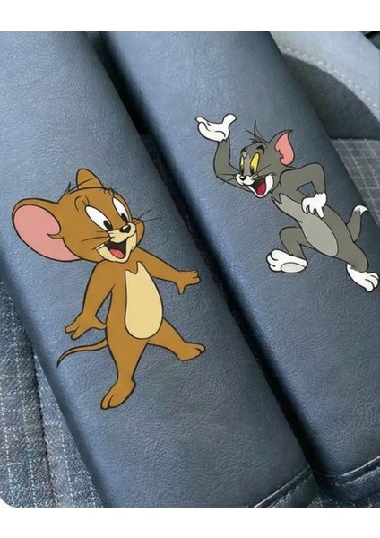 Tom ve Jerry Baskılı Siyah Deri Emniyet Kemeri Kılıfı (2'li Set) - Konforlu Omuz Pedi