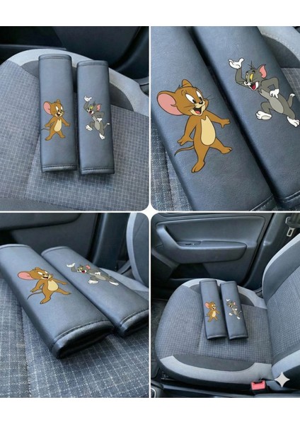 Tom ve Jerry Baskılı Siyah Deri Emniyet Kemeri Kılıfı (2'li Set) - Konforlu Omuz Pedi