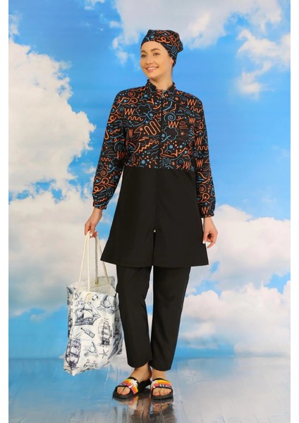 Kadın Pantolonlu Desenli Tam Tesettür Mayo Siyah indirimleri