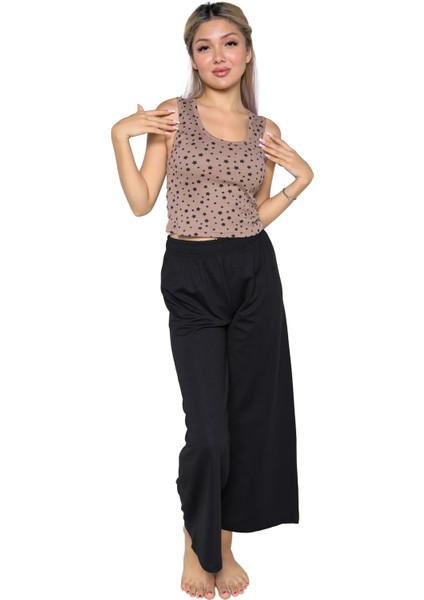 Kadın Kalın Askılı Body Bol Paça Pantolon 2`li Takım Kahve