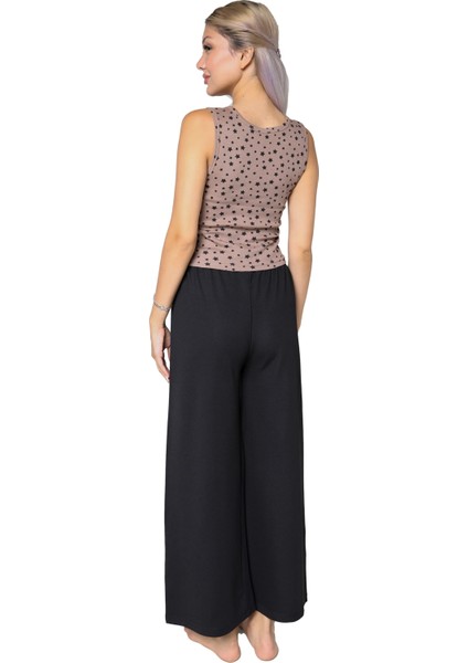 Kadın Kalın Askılı Body Bol Paça Pantolon 2`li Takım Kahve modelleri