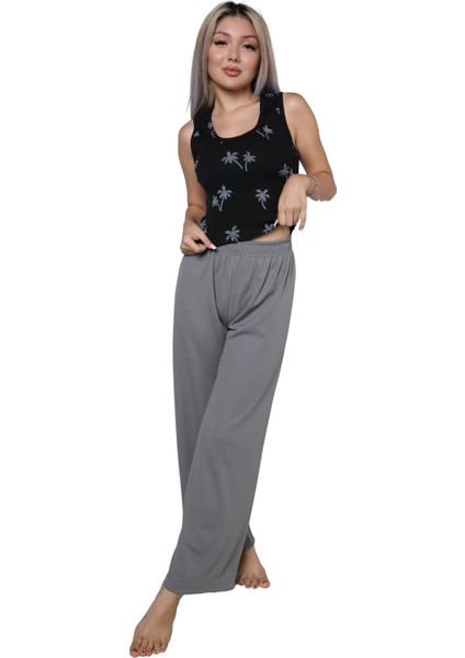 Kadın Kalın Askılı Body Bol Paça Pantolon 2`li Takım Siyah fiyatları