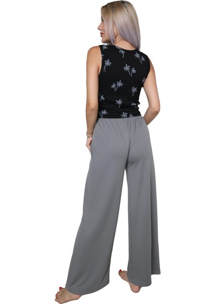 Kadın Kalın Askılı Body Bol Paça Pantolon 2`li Takım Siyah modelleri