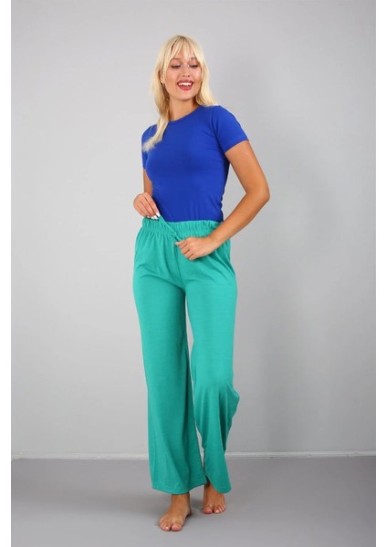 Bayan Penye Bol Paça Pantolon Yeşil