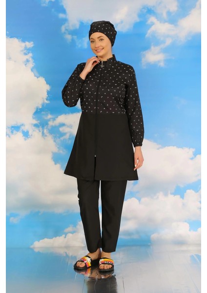 Kadın Pantolonlu Desenli Tam Tesettür Mayo Siyah fırsatları