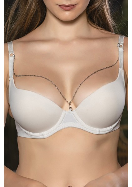 Günlük Kullanıma Uygun Ekru Zincir Aksesuarlı Yarım Push-Up Sütyen,destekli, Düşük Dekolte
