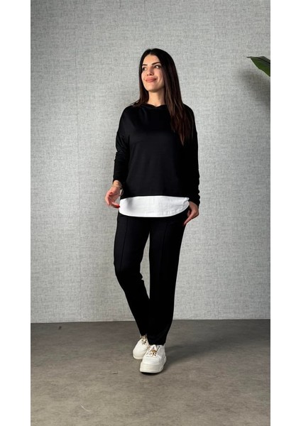 Cottonlab Kadın Uzun Kollu Kapşonlu Bağcıklı Viskon Iki Iplik Bluz ve Pantolon Ikili Takım