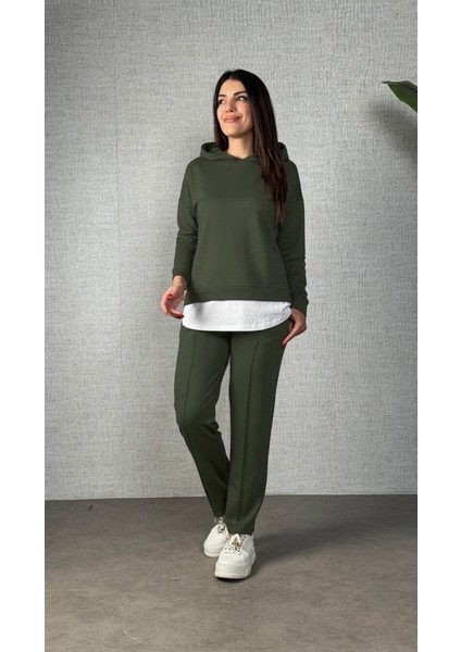 Cottonlab Kadın Uzun Kollu Kapşonlu Bağcıklı Viskon Iki Iplik Bluz ve Pantolon Ikili Takım