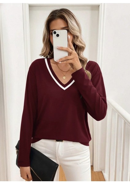 Cottonlab Kadın Uzun Kollu V Yakalı Viskon Iki Iplik Bluz