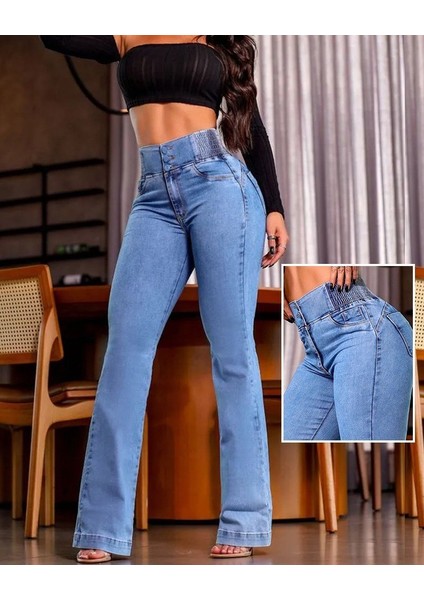 Cottonlab Kadın Yüksek Bel Yanları Lastik Önü Düğmeli Kot Pantolon