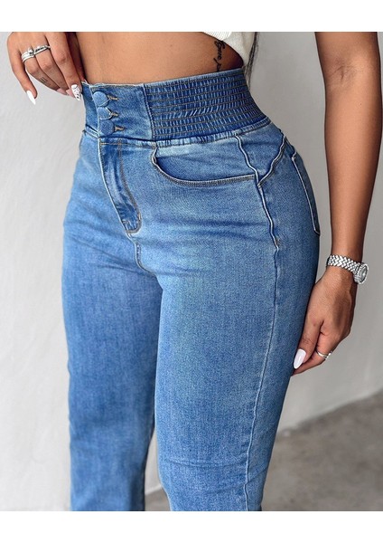 Cottonlab Kadın Yüksek Bel Yanları Lastik Önü Düğmeli Kot Pantolon