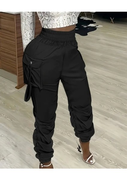 Cottonlab Kadın Yüksek Bel Beli Lastikli Kargo Cep Detaylı Gabardin Pantolon