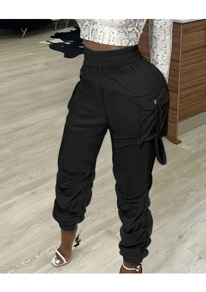Cottonlab Kadın Yüksek Bel Beli Lastikli Kargo Cep Detaylı Gabardin Pantolon modelleri