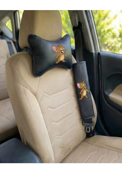 Tom ve Jerry Tasarımlı 4'lü Oto Aksesuar Seti - 2 Adet Boyun Yastığı & 2 Adet Emniyet Kemeri Kılıfı modelleri