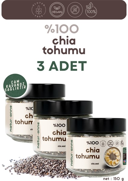 Chia Tohumu 3 Adet 150 gr Cam Kavanoz - Doğal , Katkısız , Koruyucusuz , Premium