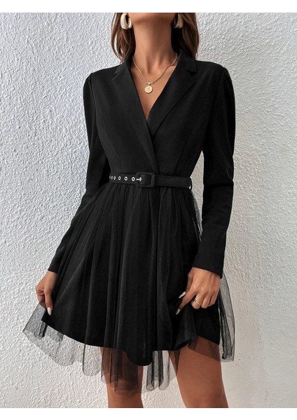 Cottonlab Kadın Uzun Kollu Yakalı Belinde Kemer Detaylı Mini Tüllü Ithal Krep Elbise fiyatları