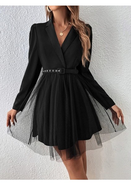 Cottonlab Kadın Uzun Kollu Yakalı Belinde Kemer Detaylı Mini Tüllü Ithal Krep Elbise fırsatları