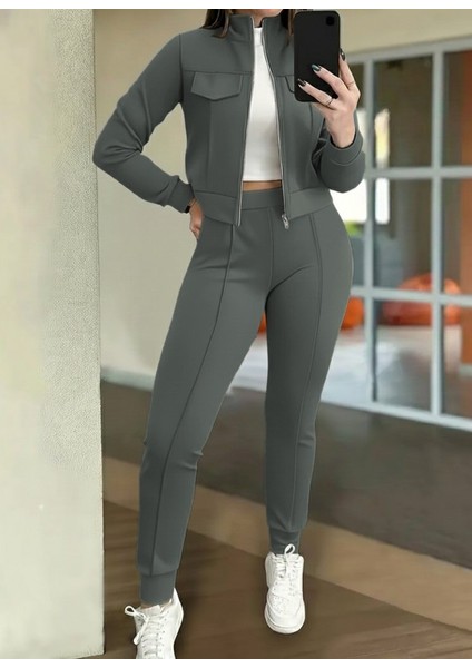 Cottonlab Kadın Uzun Kollu Önden Fermuarlı Kısa Modal Ceket ve Pantolon Ikili Takım