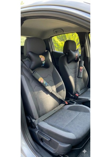 Cédric & Chen Baskılı 4 Parça Deri Oto Aksesuar Seti - Boyun Yastığı ve Kemer Kılıfı