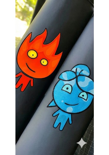 Ateş ve Su Temalı Deri Araba Boyun Yastığı ve Emniyet Kemeri Kılıfı Seti (4 Parça)