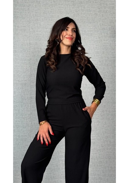 Cottonlab Kadın Uzun Kol Bisiklet Yaka Bürümcük Bluz ve Pantolon Ikili Takım