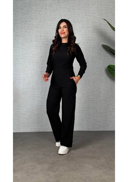 Cottonlab Kadın Uzun Kol Bisiklet Yaka Bürümcük Bluz ve Pantolon Ikili Takım fırsatları