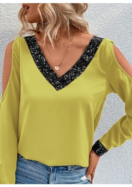 Cottonlab Kadın Uzun Kollu V Yakalı Omuzlardan Açık Sandy Bluz fiyatları