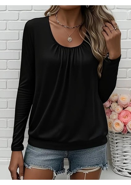 Cottonlab Kadın Uzun Kollu Yuvarlak Yakalı Viskon Bluz