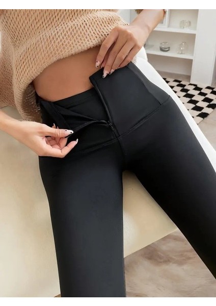 Cottonlab Kadın Yüksek Bel Önden Fermuarlı Dalgıç Tayt