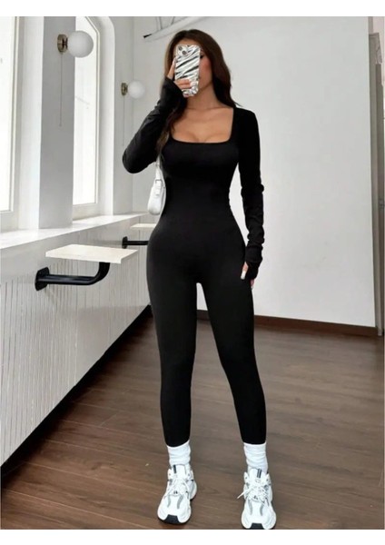 Cottonlab Kadın Uzun Kollu Kare Yakalı Fermuarlı Parmaktan Geçmeli Dalgıç Tulum fırsatları