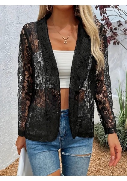 Cottonlab Kadın Uzun Kollu Yakalı Önü Açık Dantelli Ceket