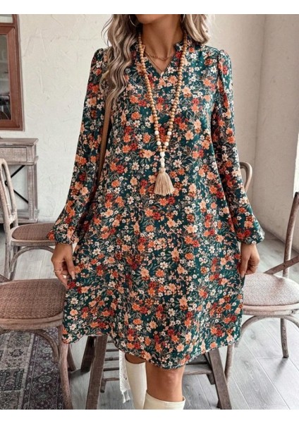 Cottonlab Kadın Uzun Kollu V Yakalı Desenli Modal Mini Elbise