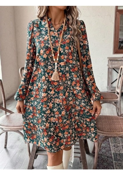 Cottonlab Kadın Uzun Kollu V Yakalı Desenli Modal Mini Elbise fırsatları