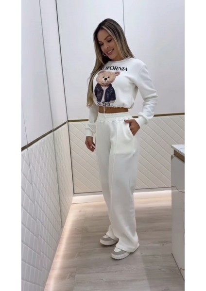 Cottonlab Kadın Uzun Kollu Bisiklet Yaka Desenli Iki Iplik Şardonlu Bluz ve Pantolon Ikili Takım