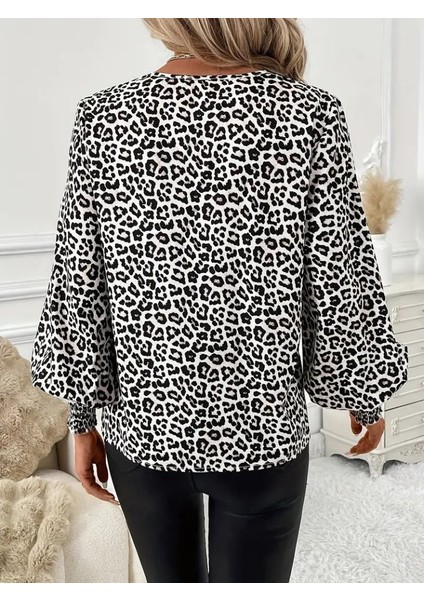 Cottonlab Kadın Uzun Kollu V Yaka Kollar Gipe Detaylı Leopar Desenli Süprem Bluz modelleri