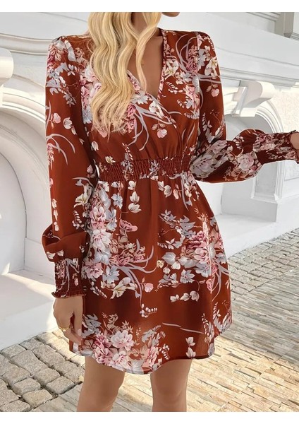 Cottonlab Kadın Uzun Kollu Kruvaze Yakalı Çiçek Desenli Mini Süprem Elbise modelleri