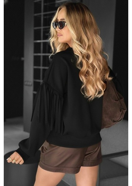 Cottonlab Kadın Uzun Kollu Bisiklet Yaka Kolları Püsküllü Modal Bluz modelleri