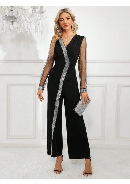 Cottonlab Kadın Uzun V Yakalı Önden Pulpayet Detaylı Tüllü Uzun Ithal Krep Tulum