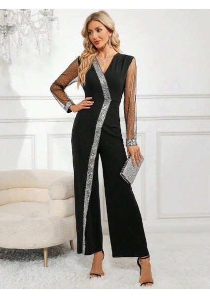 Cottonlab Kadın Uzun V Yakalı Önden Pulpayet Detaylı Tüllü Uzun Ithal Krep Tulum fiyatları