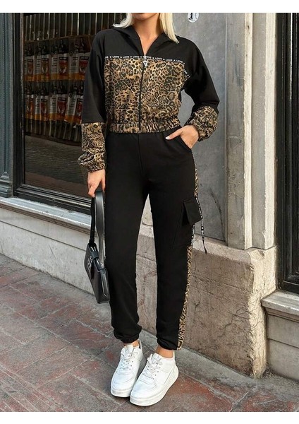 Cottonlab Kadın Uzun Kollu Kapşonlu Leopar Desenli Viskon Iki Iplik Bluz ve Pantolon Ikili Takım modelleri